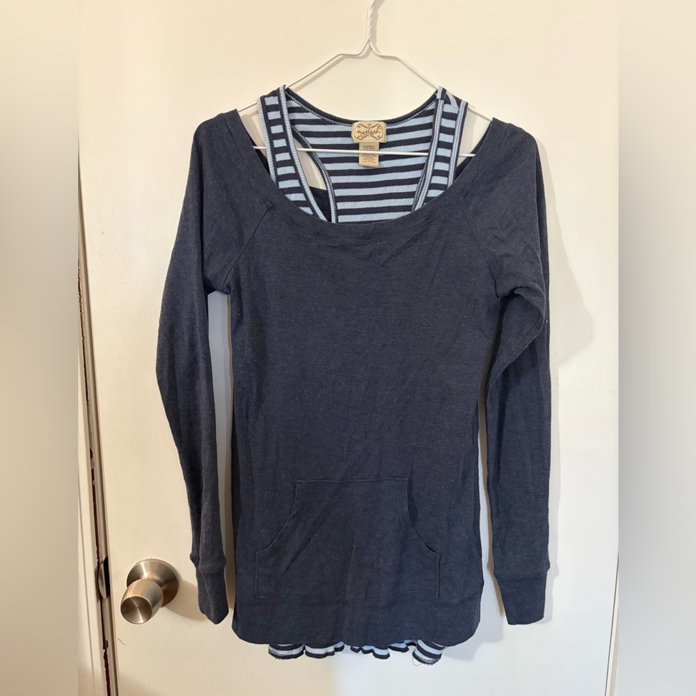 Juniors Eyelash Couture XL Navy Blue Long Sleeve Top with Striped Tank Tote2